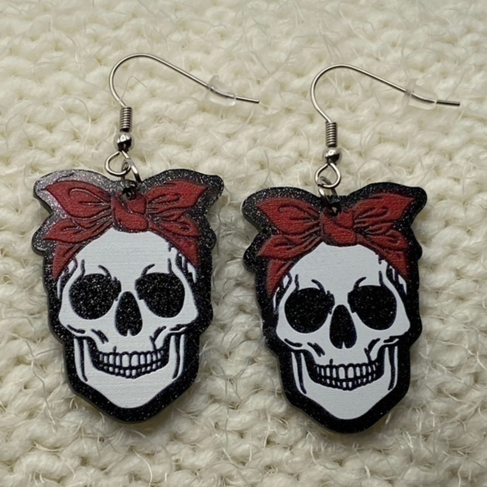 Acrylic Skull Earrings Black White Red Glitter Dangle Wire Hook Earrings